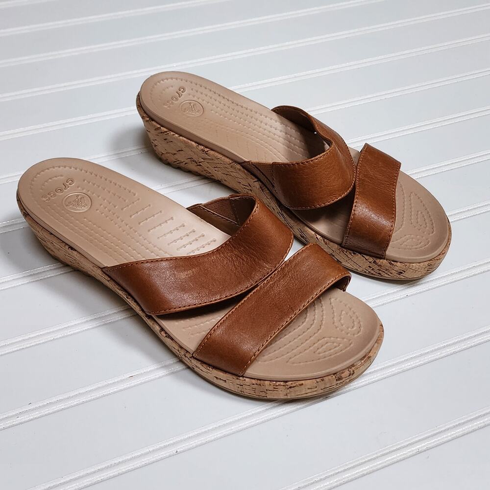 Crocs Women's A-Leigh Leather Strap Cork Wedge Sandals Size 8 Tan